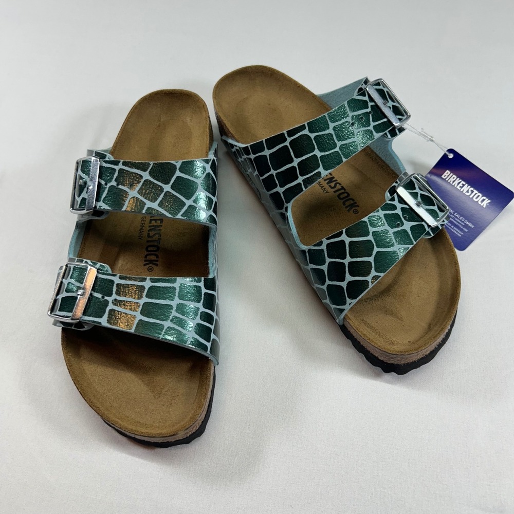 Birkenstock Arizona Green Metallic Crocodile Embossed Sandals Women 40 L9 M7 NEW - Picture 3 of 6